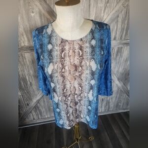 Ruby Rd. Blue and Brown Snake-Print Short Sleeve Top